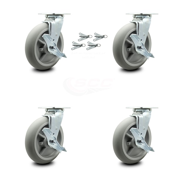 8 Inch Thermoplastic Rubber Caster Set with Roller Bearing and Brake/Swivel Lock